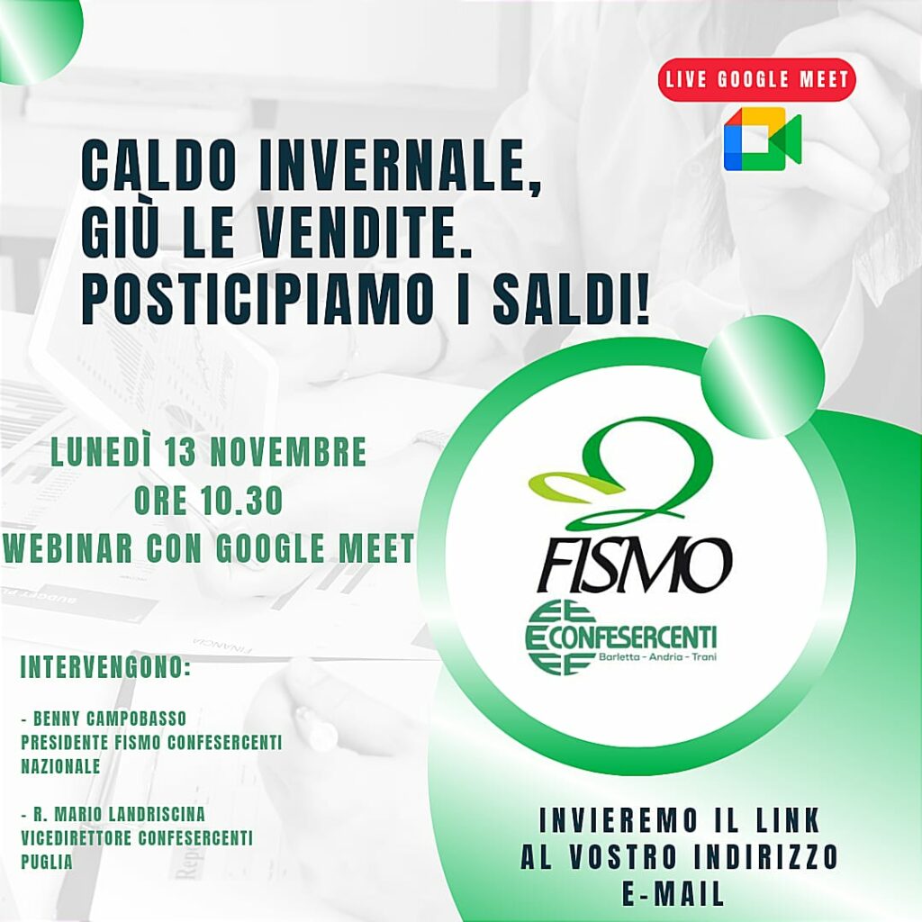 Confesercenti Provinciale BAT organizza il Webinar “Caldo invernale, giù le vendite. Posticipiamo i saldi!”