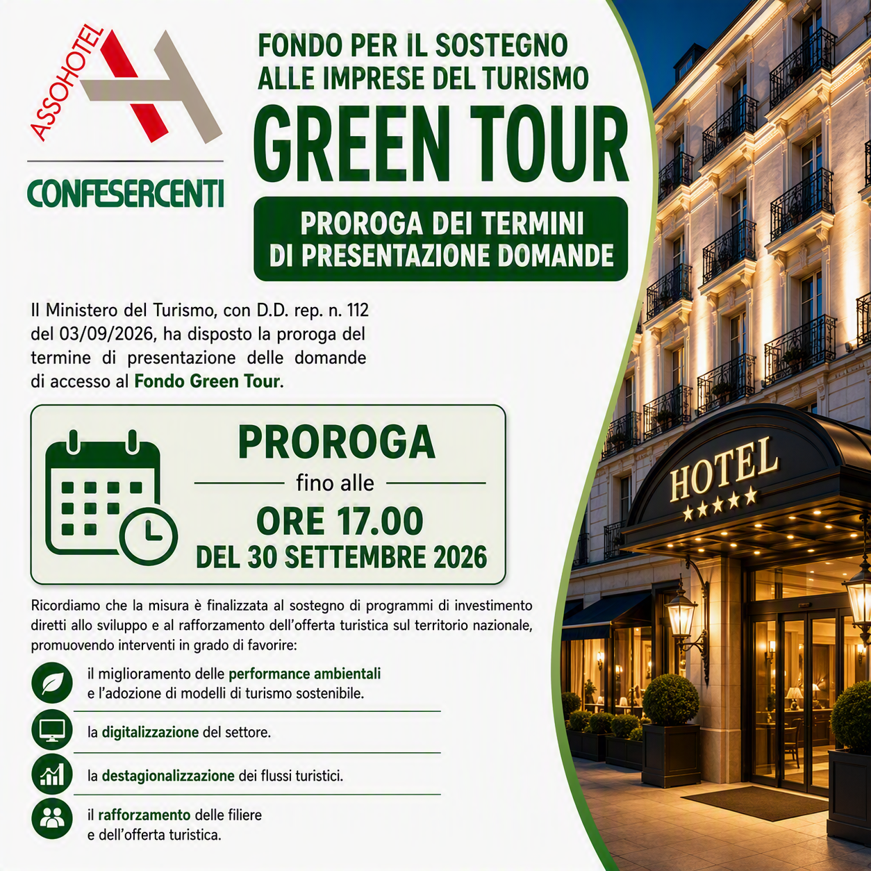 Fondo per il Sostegno alle Imprese del Turismo “Green tour” – Proroga dei termini di presentazione domande
