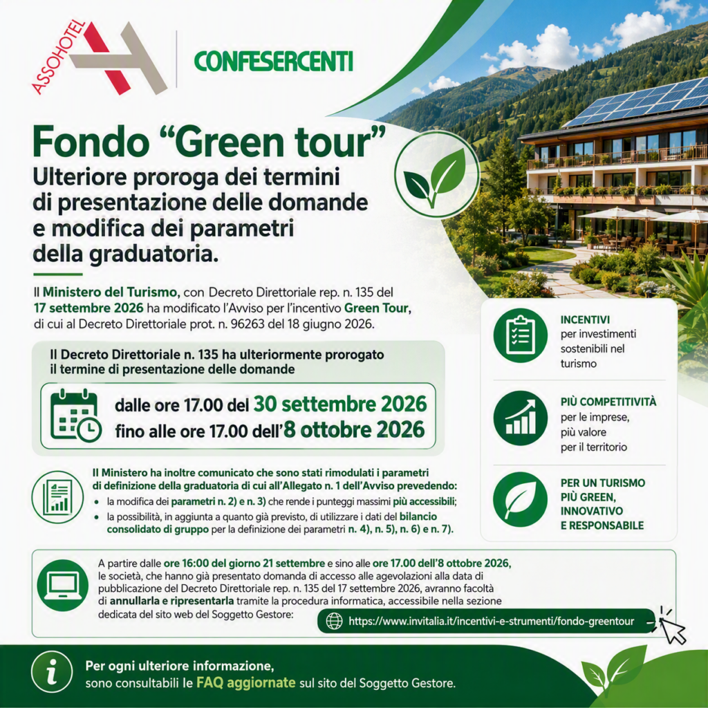 Fondo “Green tour” – Ulteriore proroga dei termini di presentazione delle domande e modifica dei parametri della graduatoria