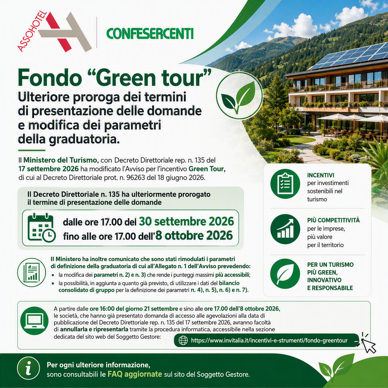 Fondo “Green tour” – Ulteriore proroga dei termini di presentazione delle domande e modifica dei parametri della graduatoria
